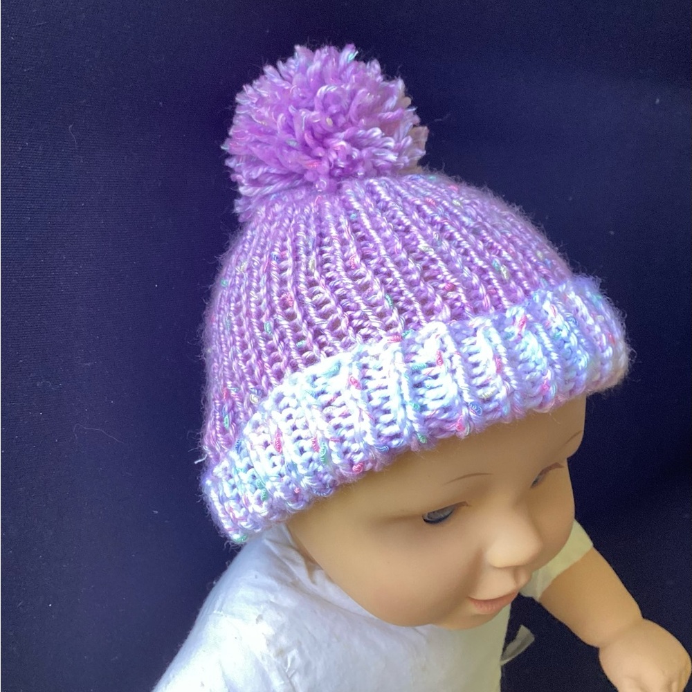 Baby Hat Hand Crafted Purple Knit Pom-Pom Beanie - Picture 7 of 13